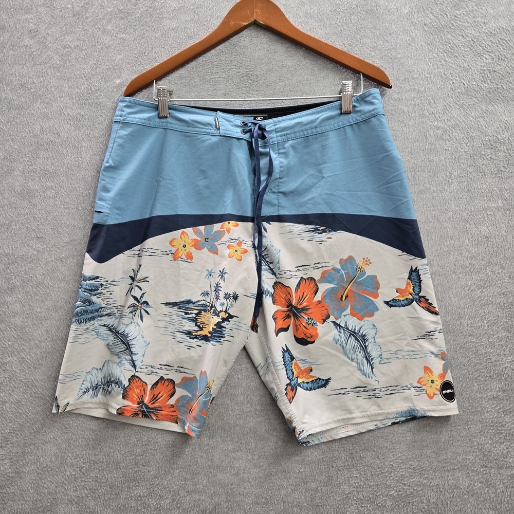 O'Neill Men Shorts 33 Blue Swimwear Floral Flowers Birds Hyperfreak Boardshorts